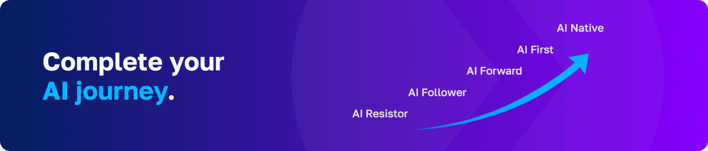 Embedded text reads: "Complete your AI journey." An arrow depicts the journey across the following stages: AI Resistor, AI Follower, AI Forward, AI First, and AI Native.