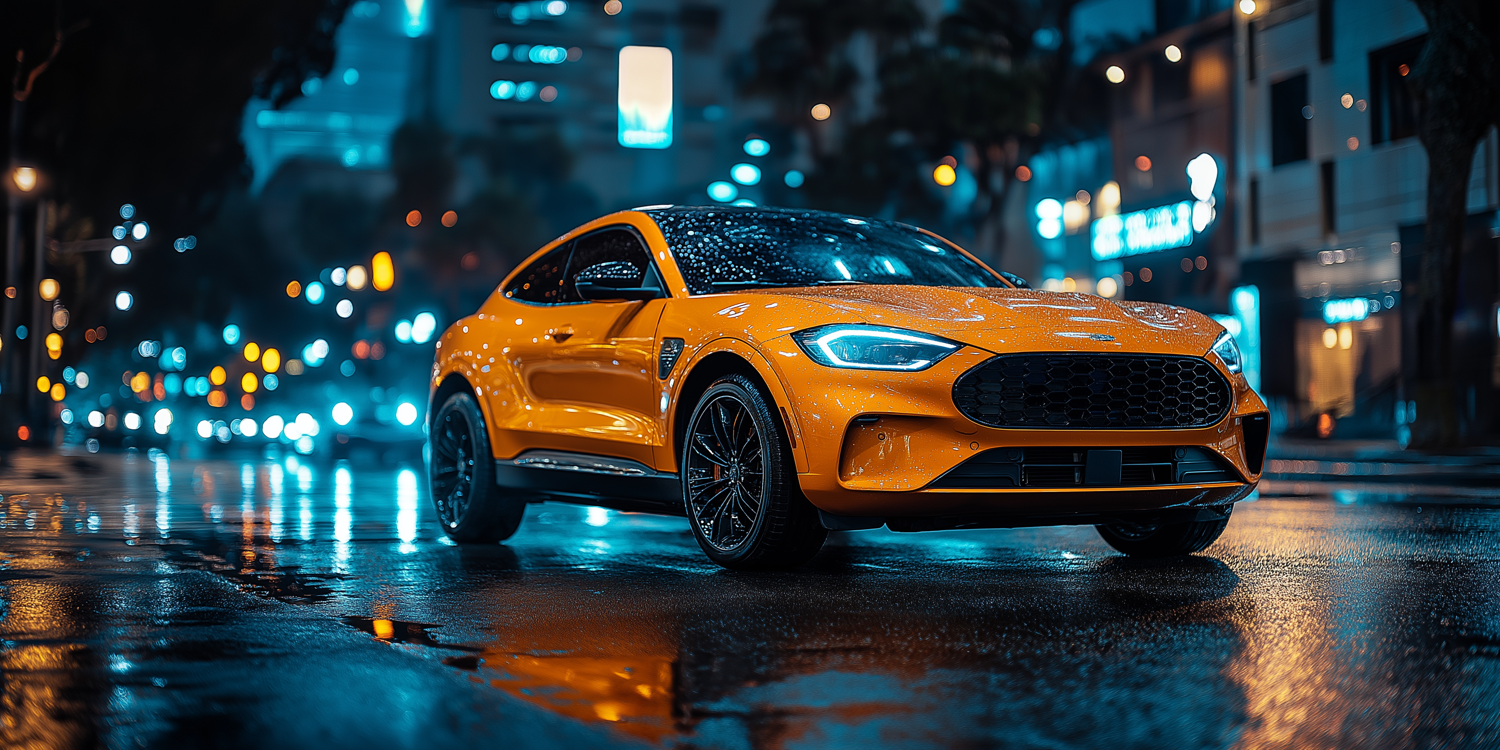 A sleek, vibrant orange sports SUV with a modern design is parked on a wet city street at night. The car's headlights and reflections from surrounding neon lights create a dynamic and futuristic atmosphere. The background features blurred city lights and buildings, enhancing the depth and contrast of the scene. Raindrops on the car's surface add texture and realism. This Generative AI Training Case Study featured image was produced by Tweddle Group using AI.