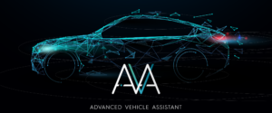 Digital illustration of a car outlined in glowing blue geometric lines and dots, representing futuristic vehicle technology. At the center bottom, the acronym "AVA" appears in bold stylized letters, with the full phrase "Advanced Vehicle Assistant" written beneath it. The image conveys innovation, connectivity, and advanced automotive intelligence.

