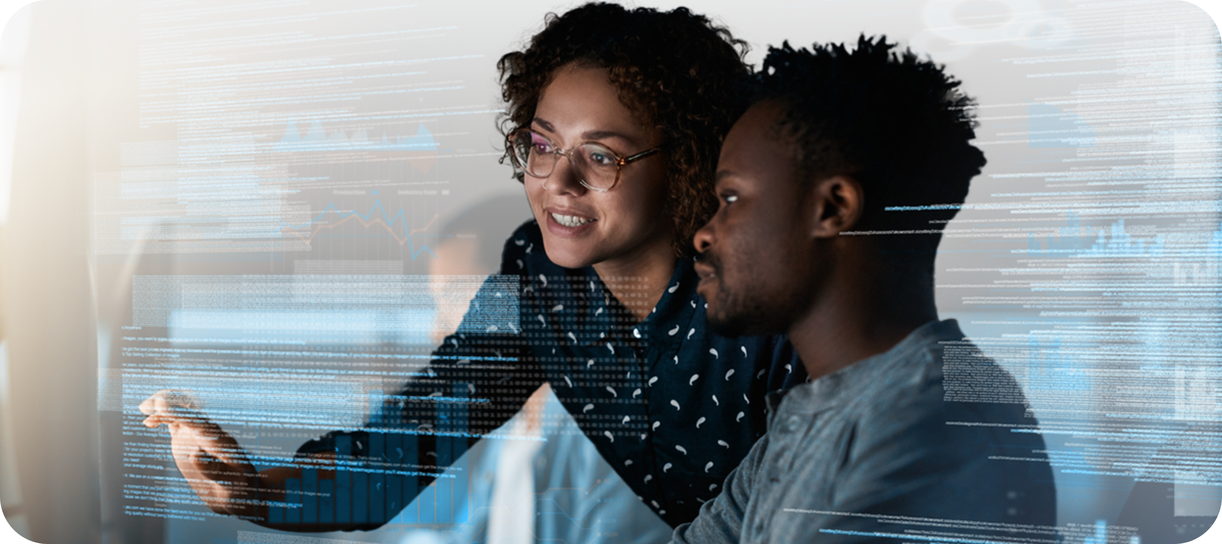 An AI consultant shows a business leader how to drive AI adoption, pointing at a computer screen displaying data visualizations and code. Both individuals appear engaged and focused, with digital interface elements overlaid to represent AI technology and strategic implementation.