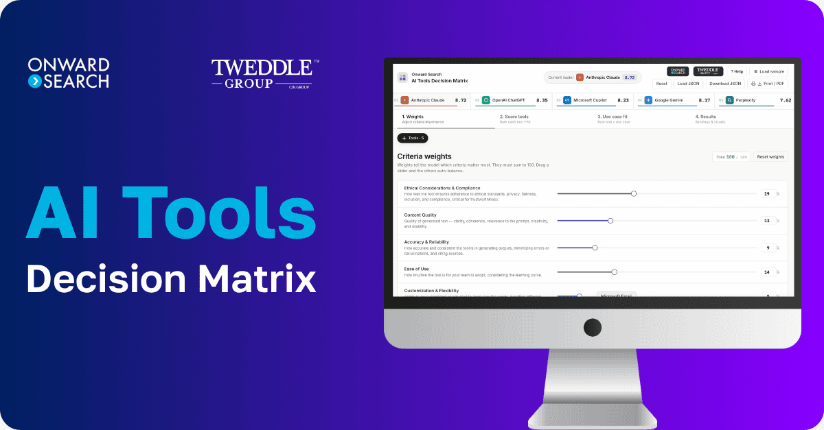 A computer screen open to the AI Tools Decision Matrix interface. Embedded Text Reads: Onward Search. Tweddle Group. AI Tools Decision Matrix.